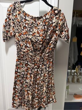 Free People Floral Short Sleeve Smocked Mini Dress in Cream, Orange & Black